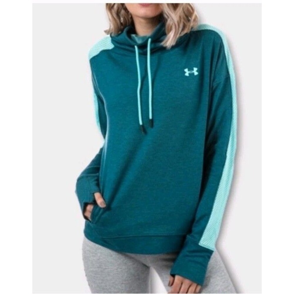 Under Armour Featherweight Fleece Funnel Neck Sweatshirt Women's Small Aqua Mesh - Picture 2 of 8